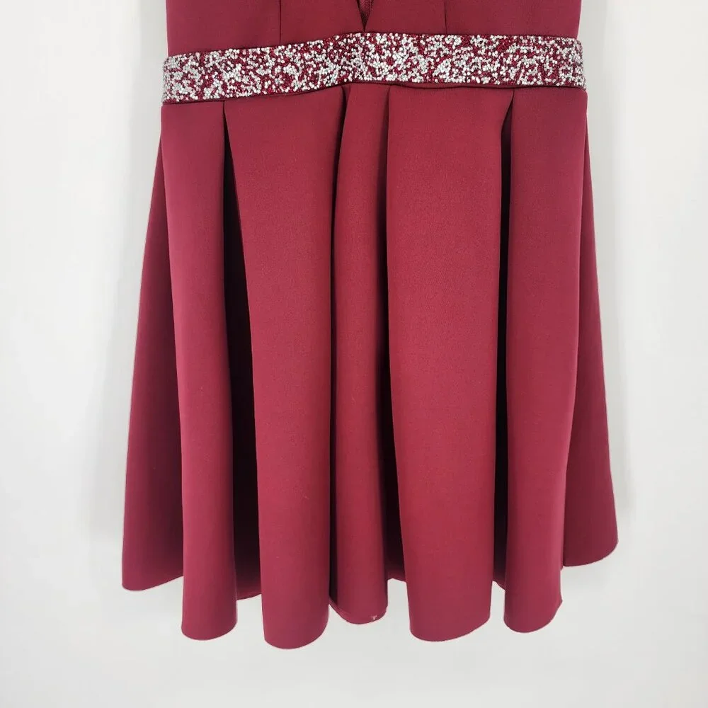ASOS Fit & Flare Mini Dress 8 Cocktail Plunge V Neck Skater Embellished Burgundy - Picture 5 of 11